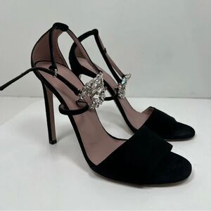 Gucci GG Sz 40.5 Black Suede Crystal Embellished GG Interlock Ankle Strap Heels